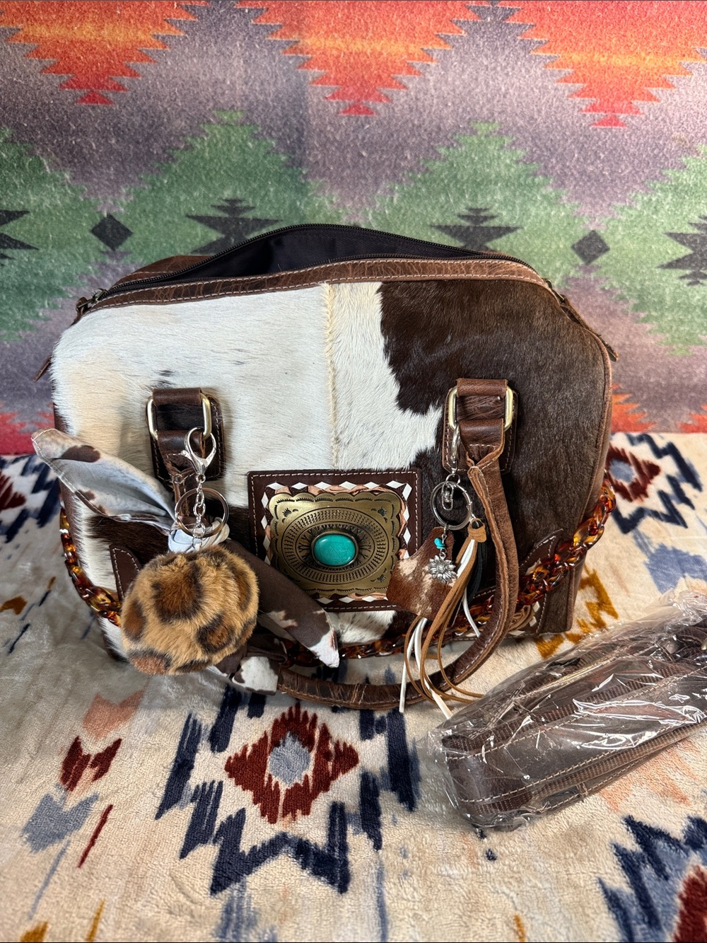 Cowhide soft shell speedy Crossbody Bag with Turquoise Medallion-decorated!